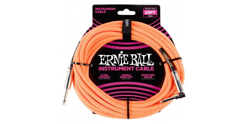 Ernie Ball 25 Foot Braided Straight/Angle Instrument Cable Neon Orange