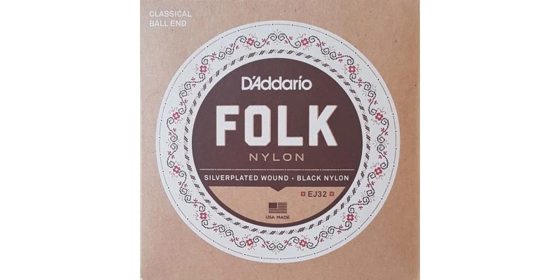 D'Addario EJ32 Folk Nylon, Ball End, Silver Wound/Black Nylon Trebles